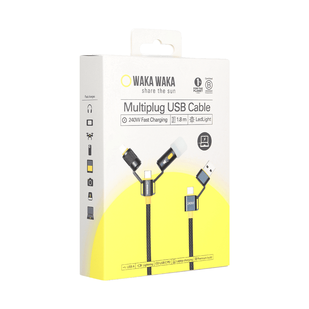 WakaWaka Connect Pro câble de charge rapide 5 en 1 dans l'emballage blanc et jaune avec le texte Multiplug USB Cable