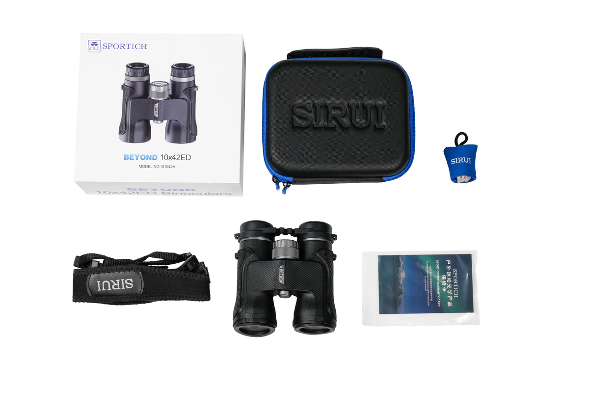 Jumelles Sirui Sportich noires avec boîte, étui, sangle de cou et notice, vues du dessus