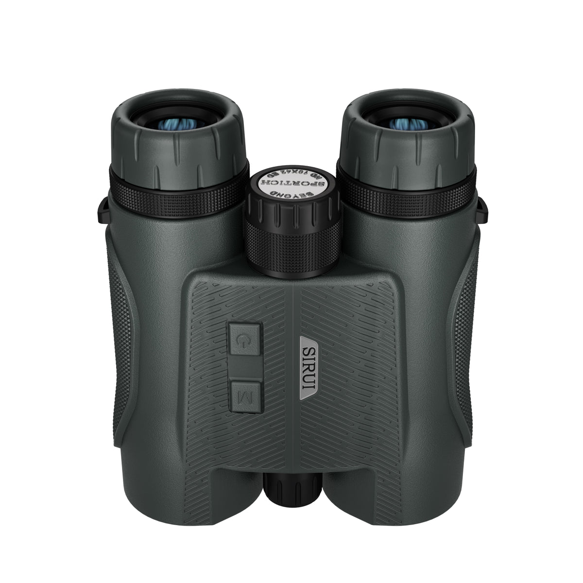 jumelles Sirui Sportich 10x42 vertes avec télémètre, vues du dessus avec oculaires, molette et deux boutons