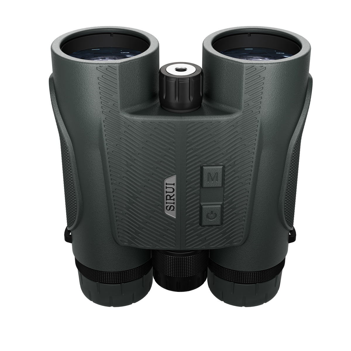 Jumelles Sirui Sportich 10x42 vues du dessus côté objectifs, avec logo Sirui et deux boutons de commande
