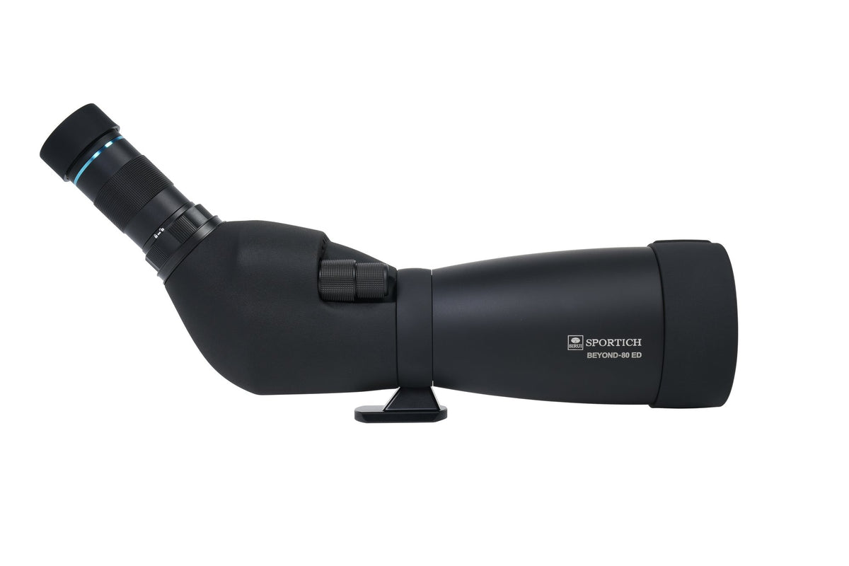 Sirui Sportich S6080A-BK vue de profil avec bouton de mise au point, pied pour trépied et oculaire à gauche