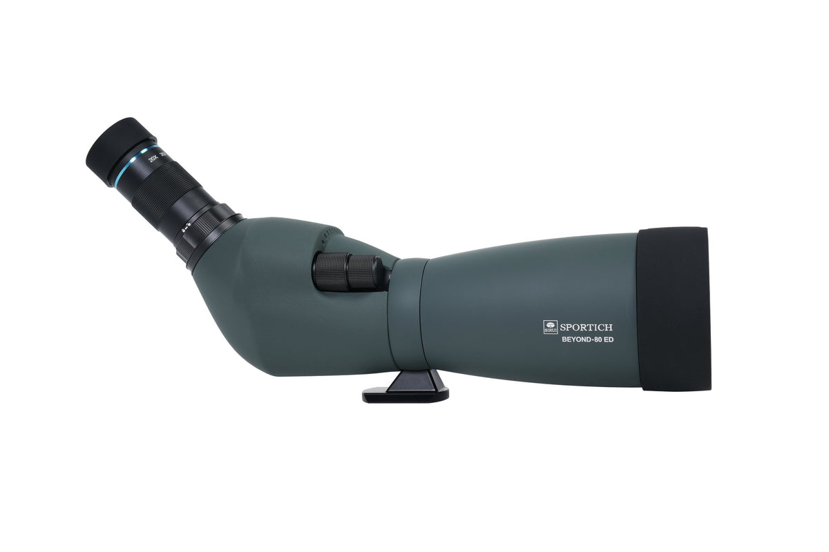 Sirui Sportich S6080A-GN vue de profil avec bouton de mise au point, pied pour trépied et oculaire à gauche