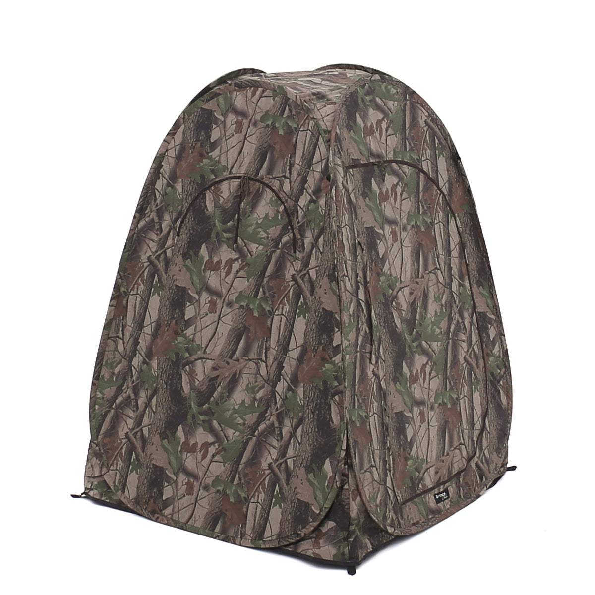 Affût Outdoor Club camouflage vu de biais sur le côté, avec fenêtres fermées