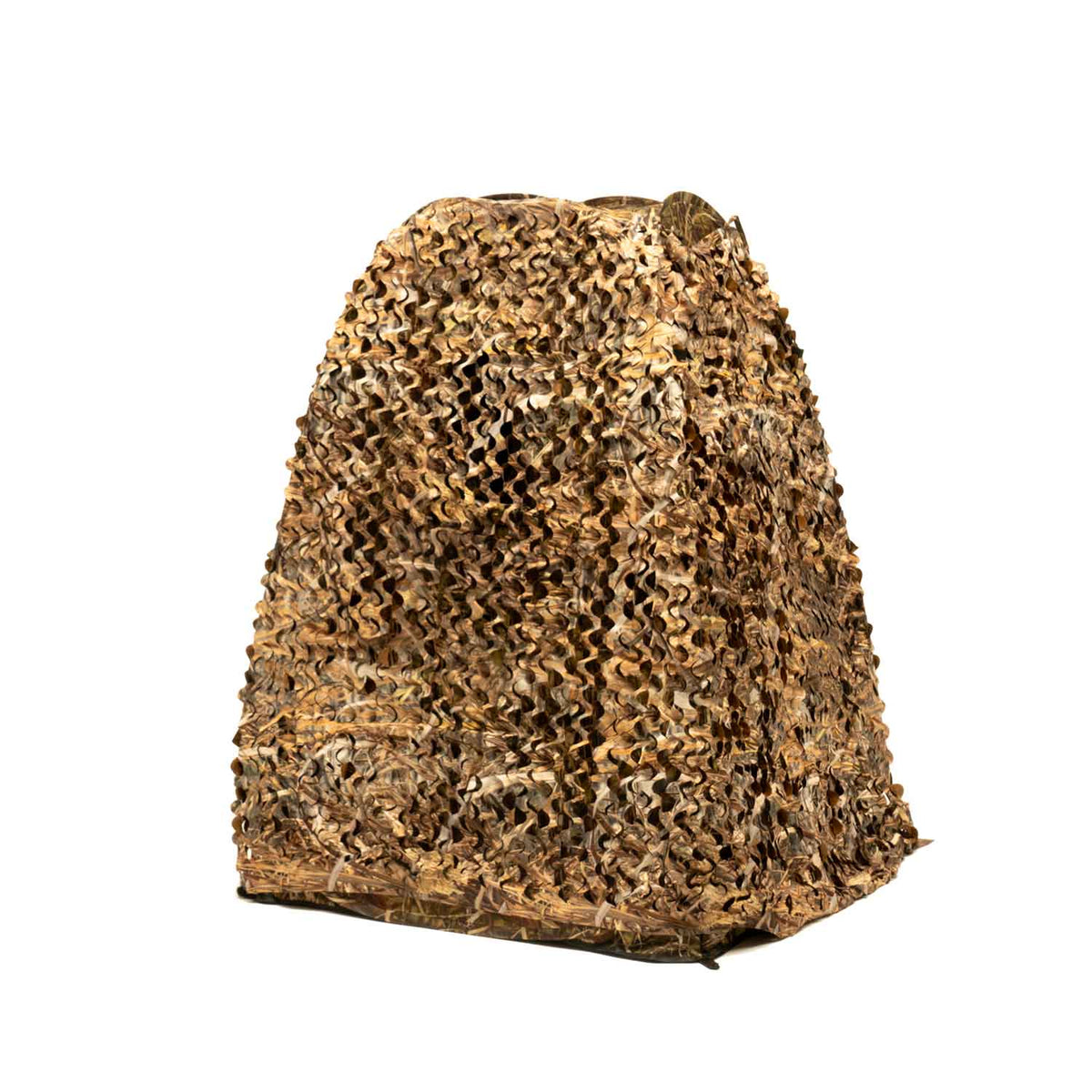 Filet de camouflage Buteo 4 drapé sur un objet, motif roseaux en brun et beige