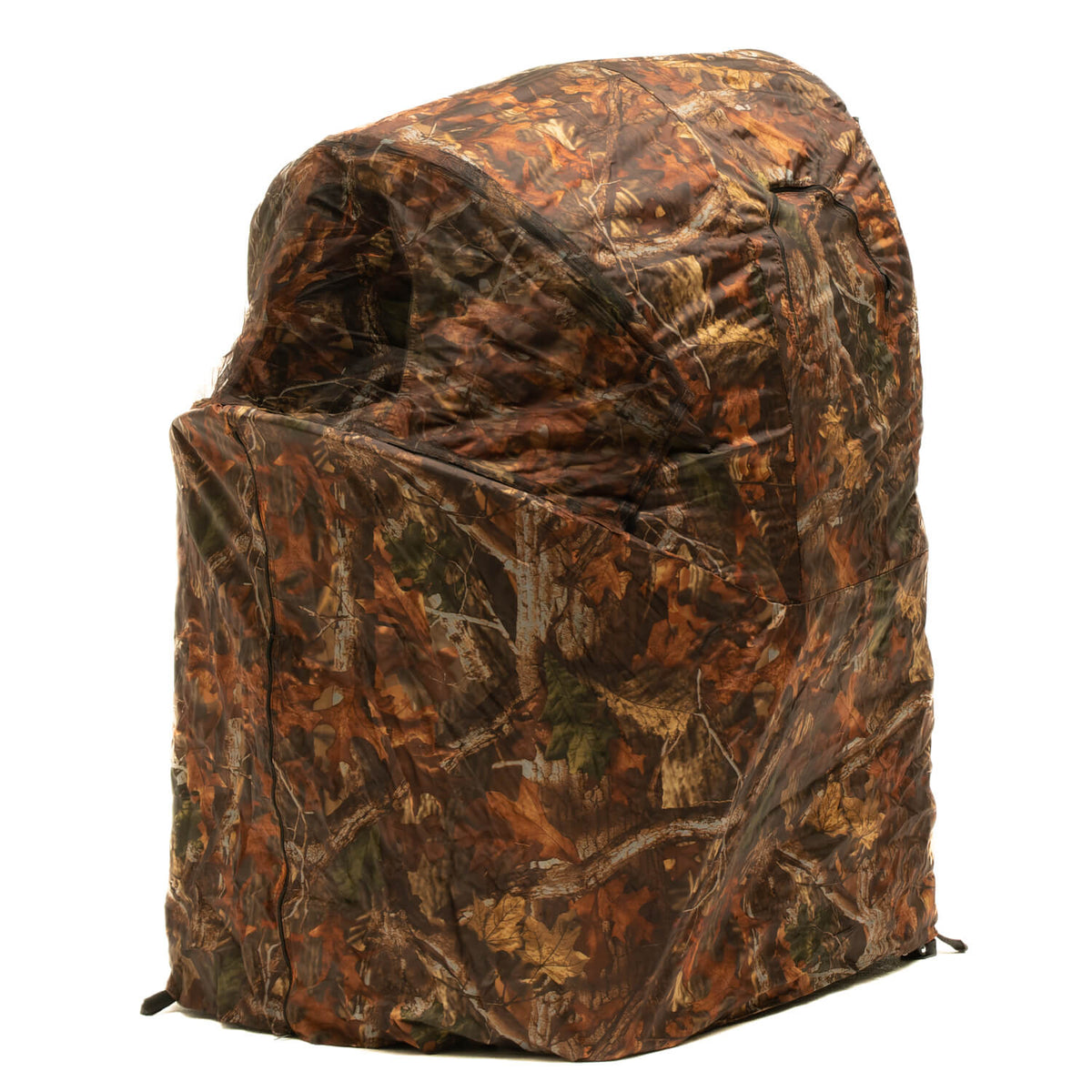 Affût chaise Buteo One Man, affût une place en camouflage feuilles d'automne brunes, vu de trois quarts avant
