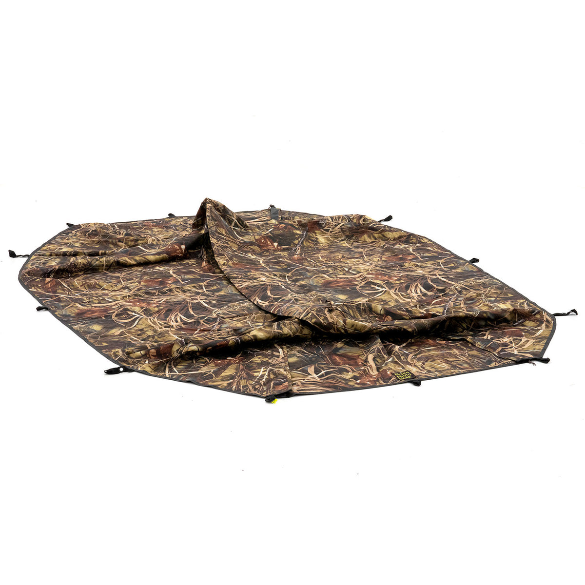 Housse de pluie Buteo Falco Mark IV en camouflage roseaux, étalée à plat avec des boucles sur le bord