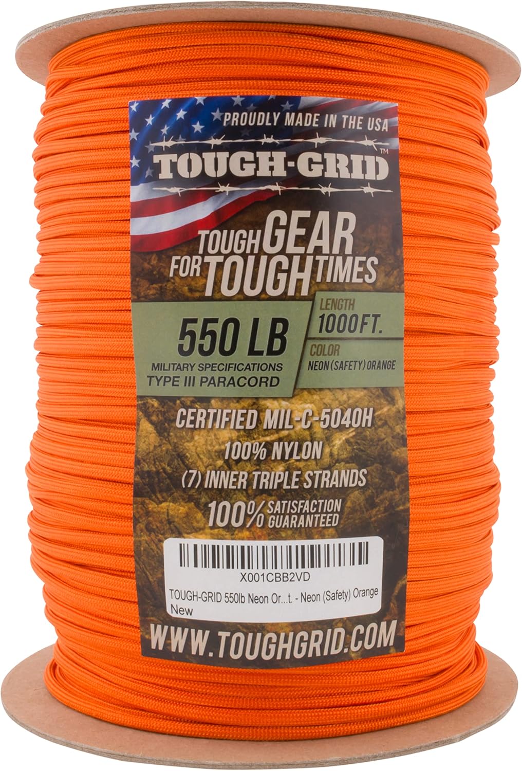 TOUGH-GRID Paracorde 305m orange fluo, grande bobine de corde orange vif avec étiquette