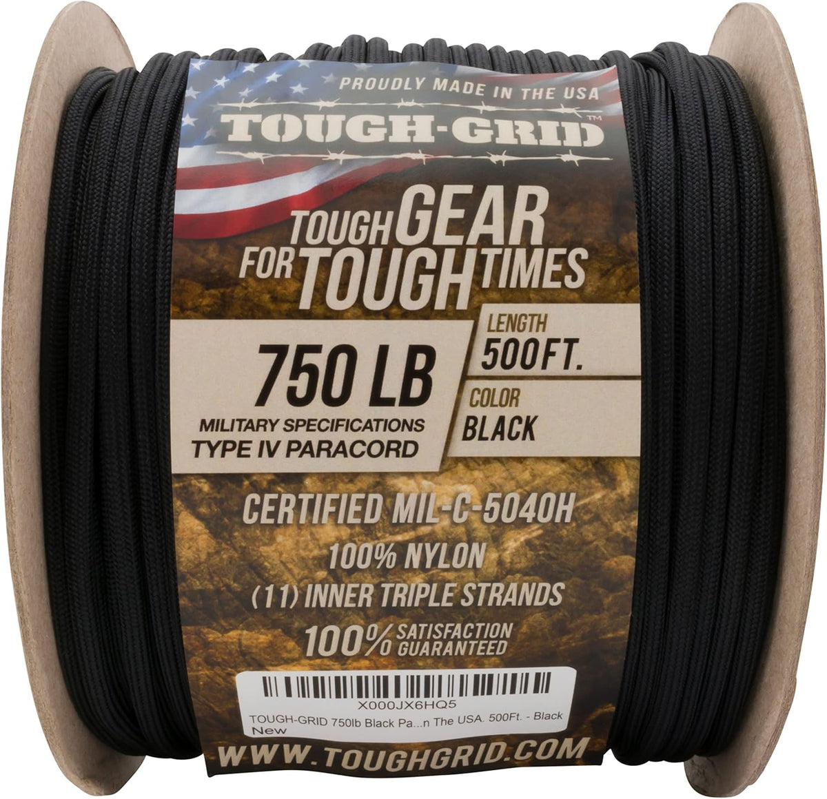 TOUGH-GRID 750 Paracorde 152m noir, corde noire sur une bobine avec étiquette, vue de face