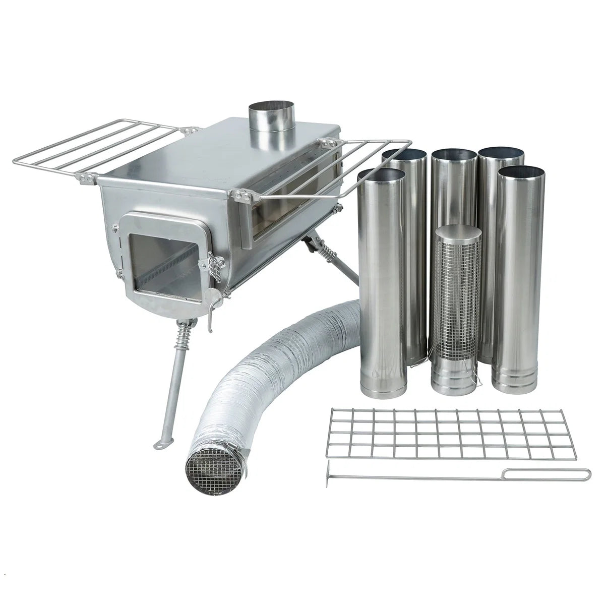 Winnerwell Woodlander Plus Double View avec porte vitrée et tablettes latérales, tuyaux de cheminée et tuyau d'air