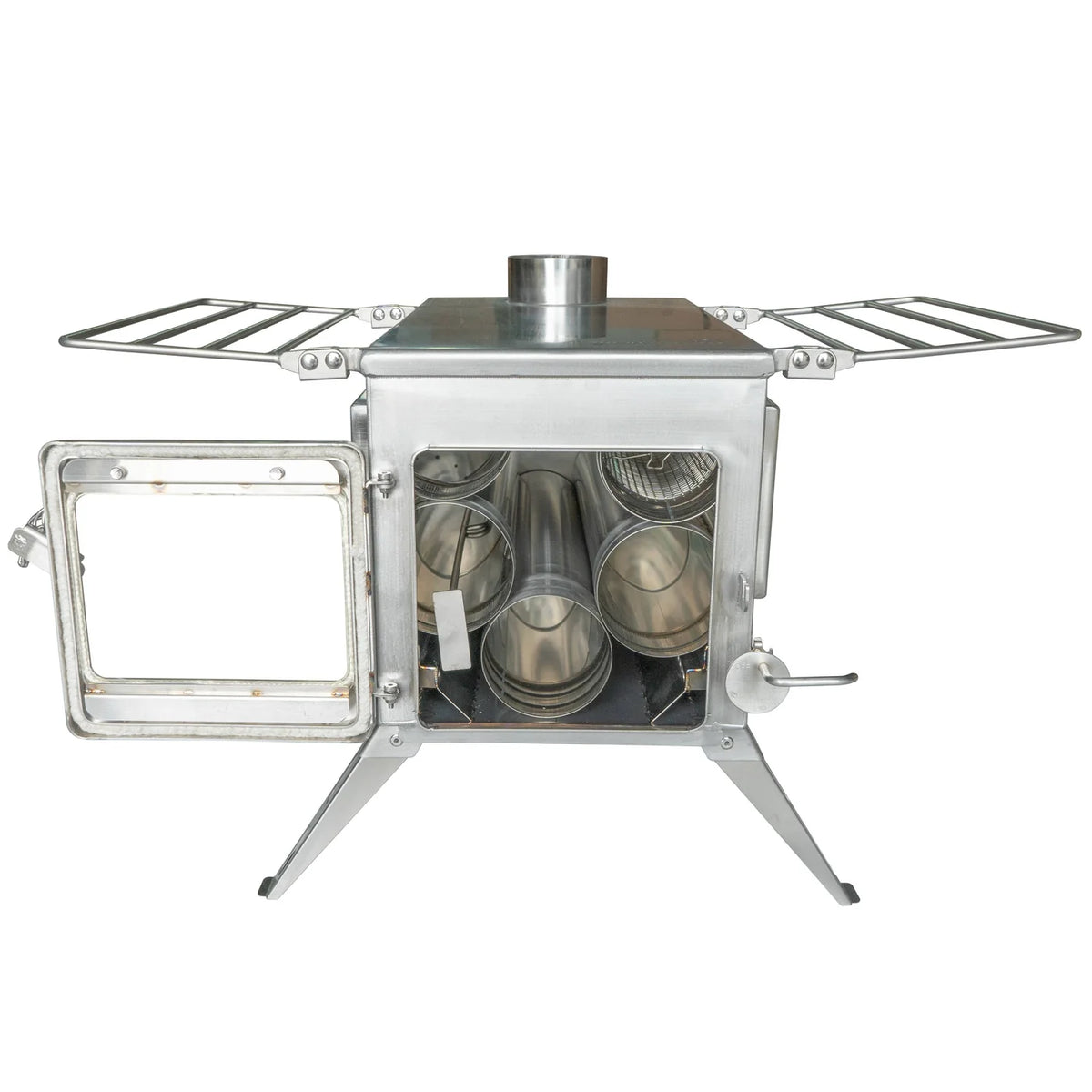 Winnerwell Nomad Plus Double View porte ouverte avec les tuyaux de cheminée rangés dans le poêle