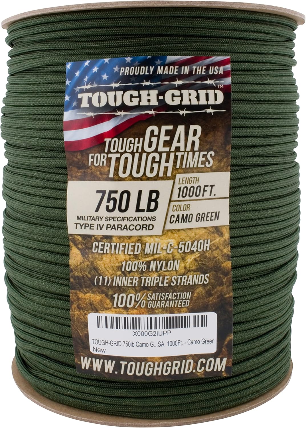 TOUGH-GRID Paracorde 305m Camo Green, grande bobine de corde vert foncé avec étiquette