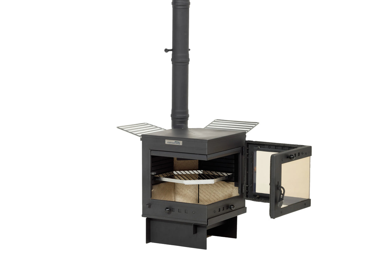 CanvasCamp Bison porte ouverte avec une grille de cuisson dans le foyer