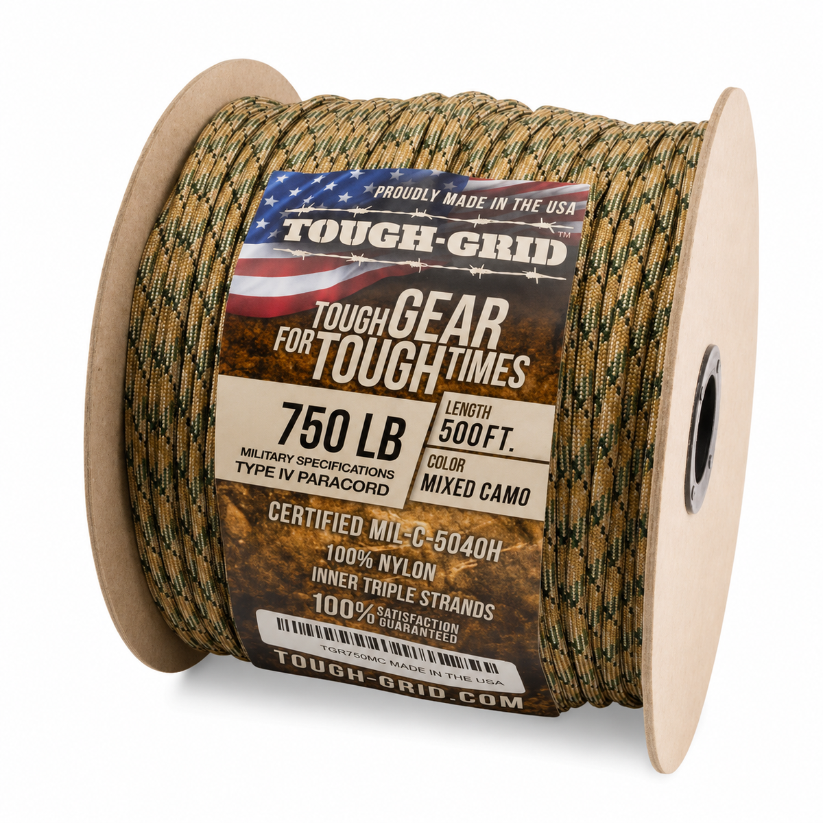 TOUGH-GRID Paracorde 152m Mixed Camo, corde aux couleurs camouflage sur une bobine
