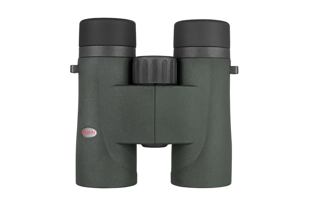 Kowa SVIII 10x32 jumelles en vert foncé, debout de face avec les oculaires en haut