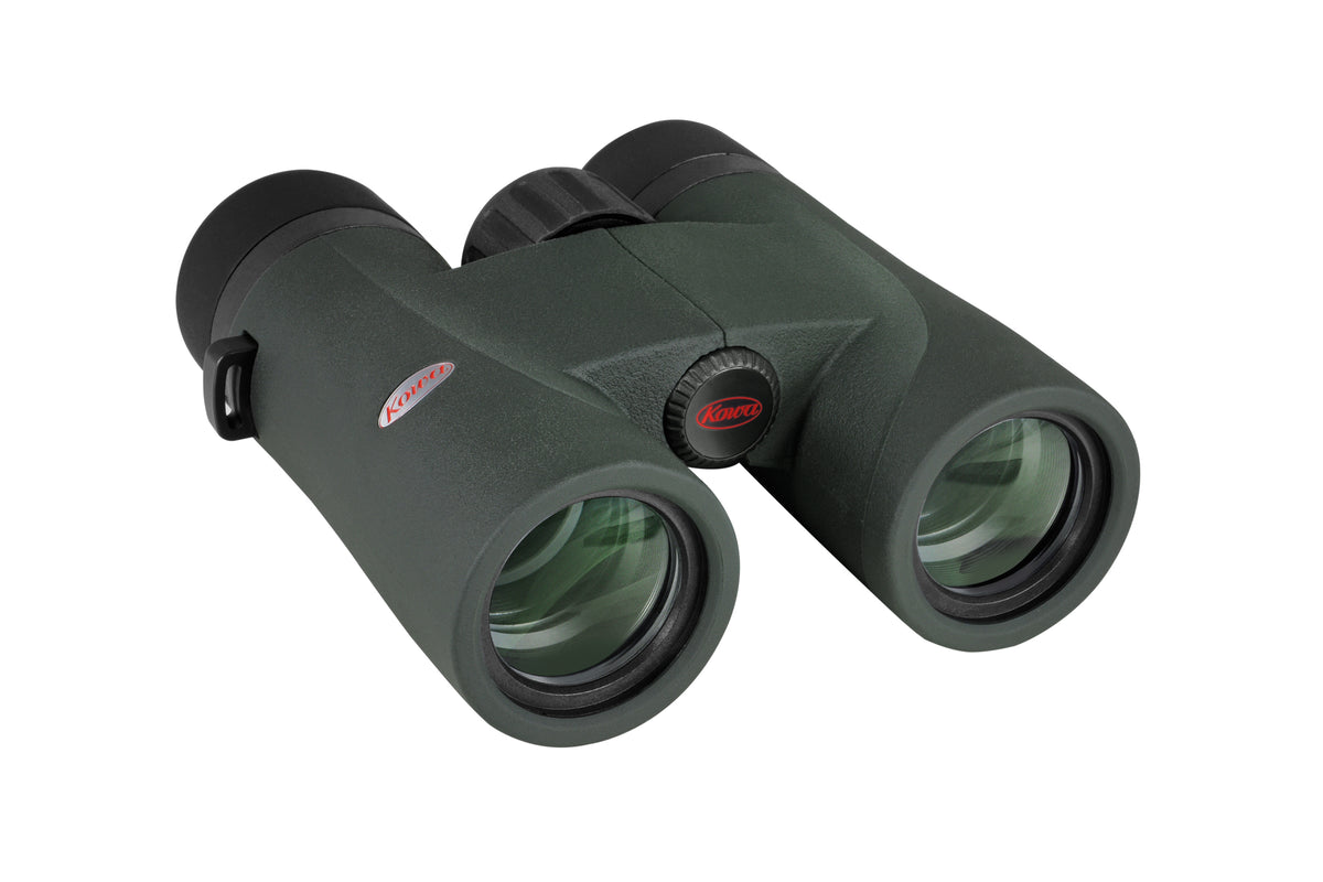 Kowa SVIII 8x32 couchées, de trois quarts avant avec les objectifs et le logo rouge