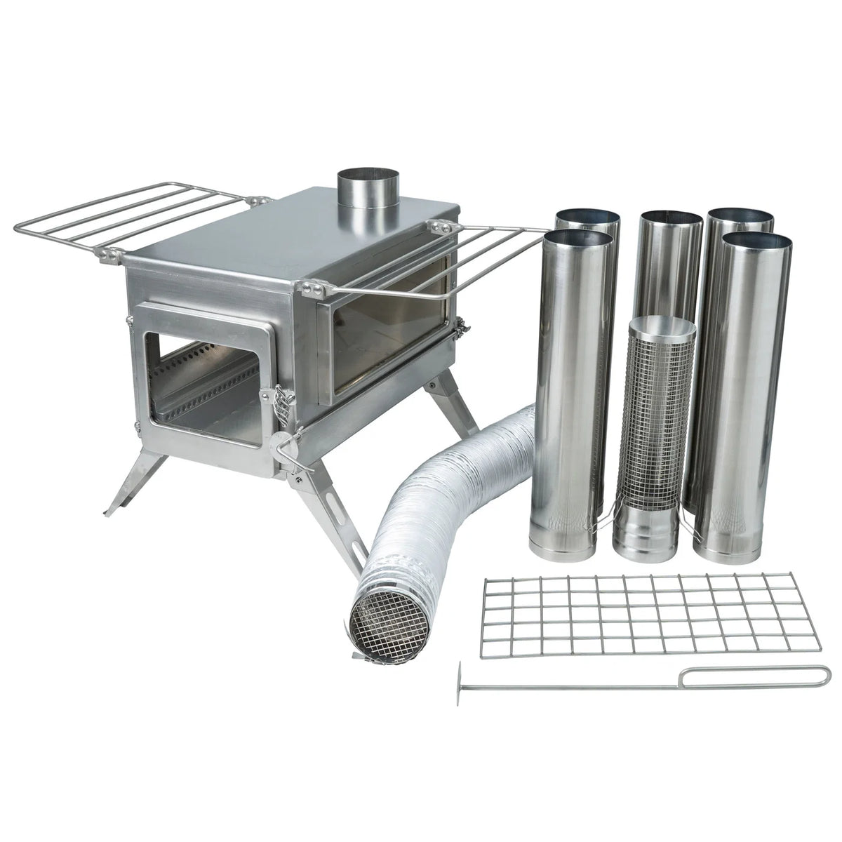 Winnerwell Nomad Plus Double View avec étagères latérales dépliées à côté des sections de tuyau et de la gaine d'air