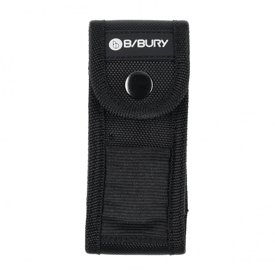 Outil multifonction Bibury Pro, étui en nylon noir avec bouton-pression et logo, face avant