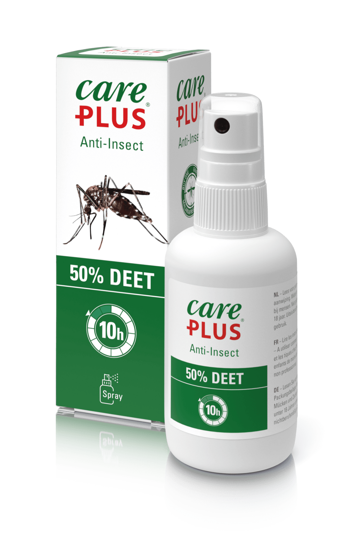 Care Plus Anti-Insect DEET 50% en flacon spray à bouchon pompe blanc devant la boîte verte au moustique
