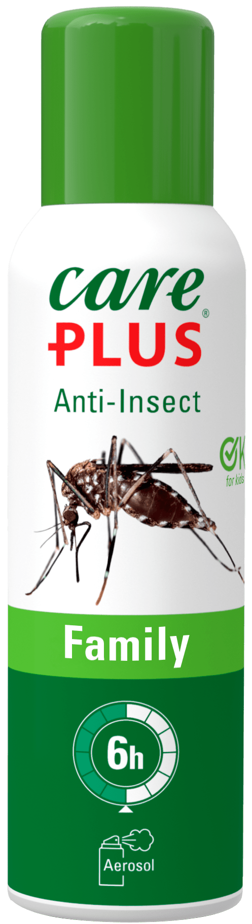 Care Plus Anti-Insect Family en aérosol avec capuchon vert et un moustique sur l'étiquette
