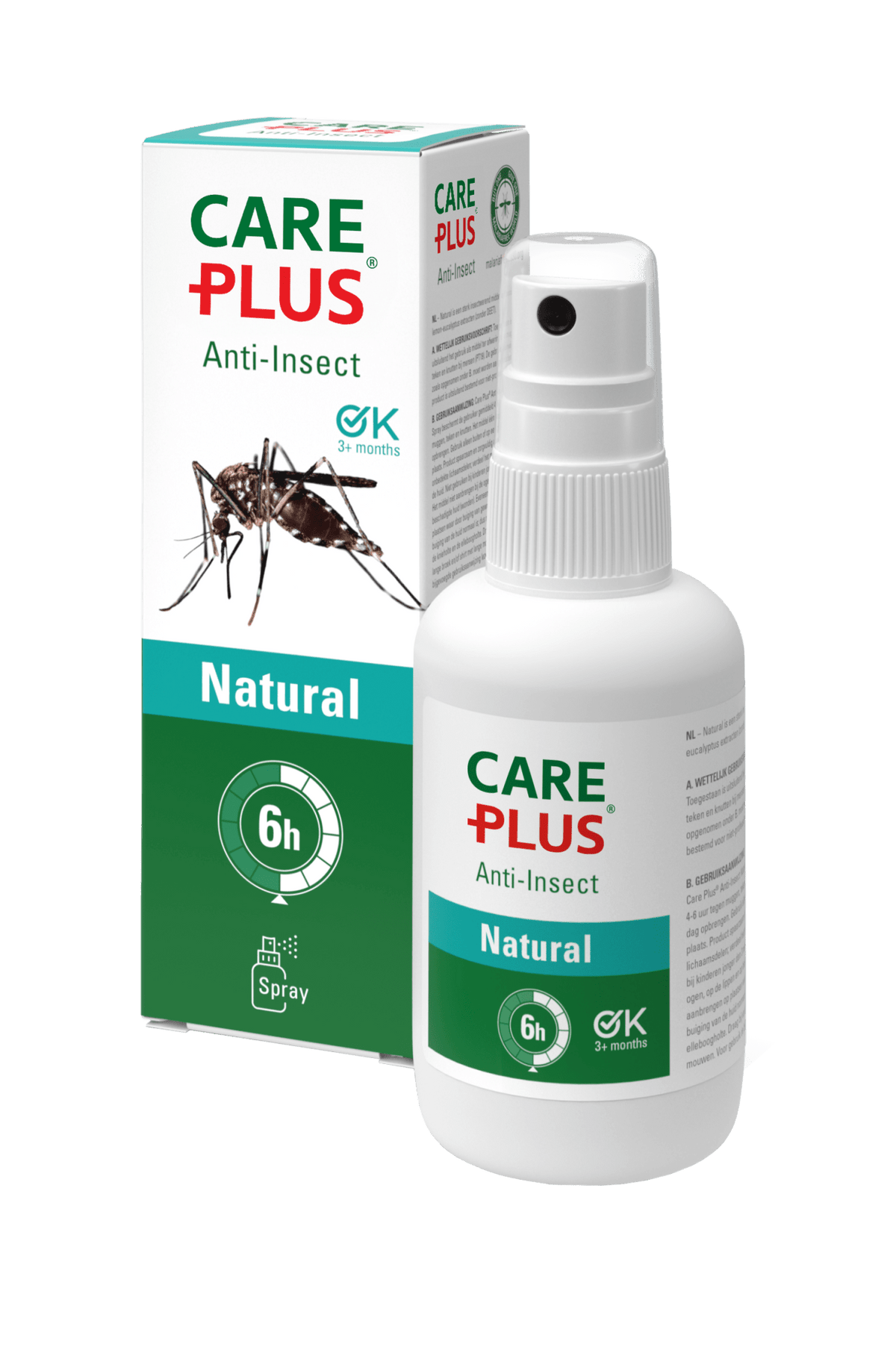Répulsif Care Plus Natural en flacon spray devant la boîte verte et blanche au moustique