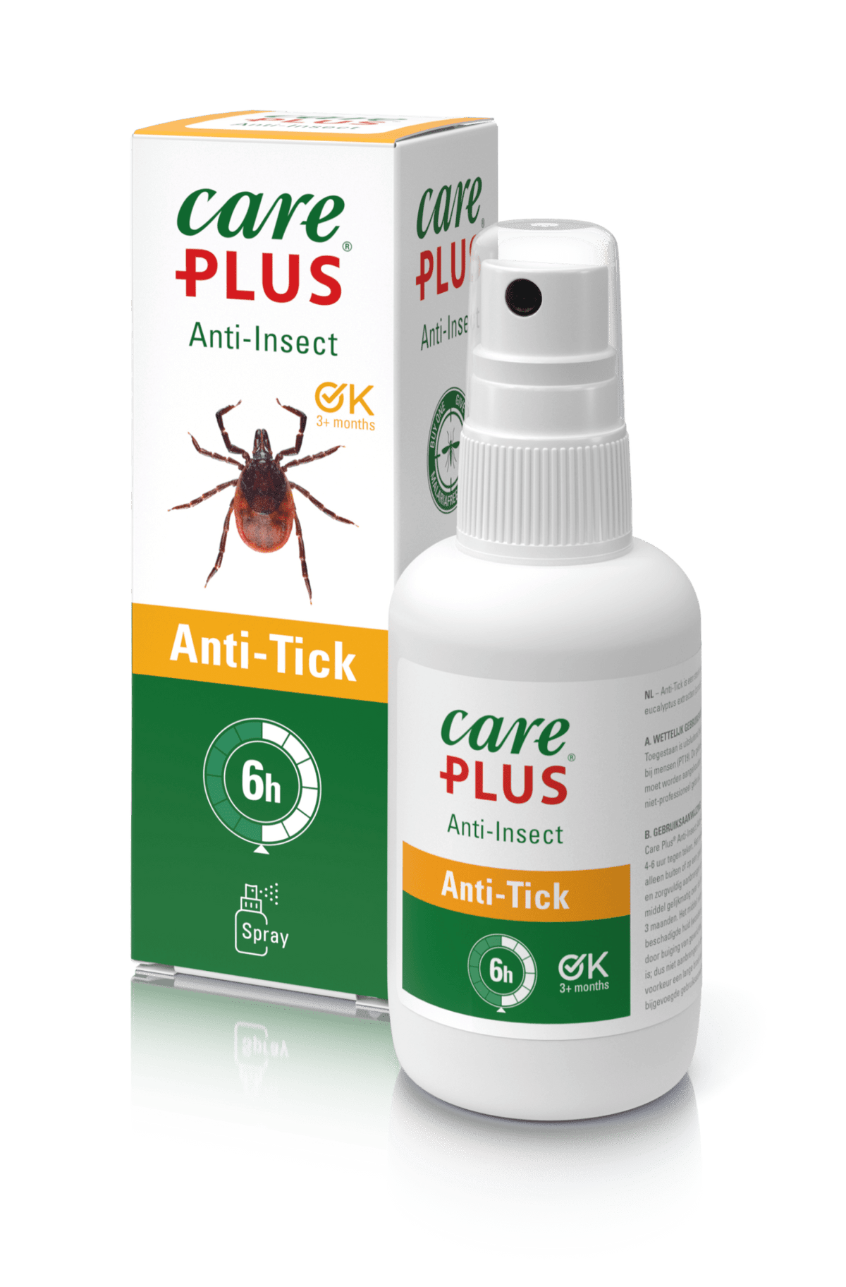 Care Plus Anti-Tick en flacon spray à étiquette orange devant la boîte ornée d'une tique