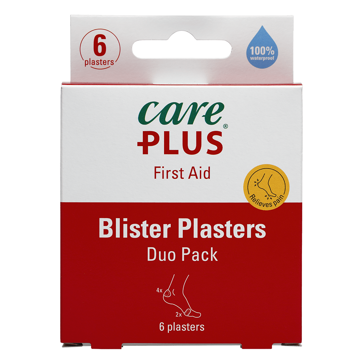 Care Plus Blister Plasters Duo Pack, boîte rouge et blanche avec 6 pansements anti-ampoules