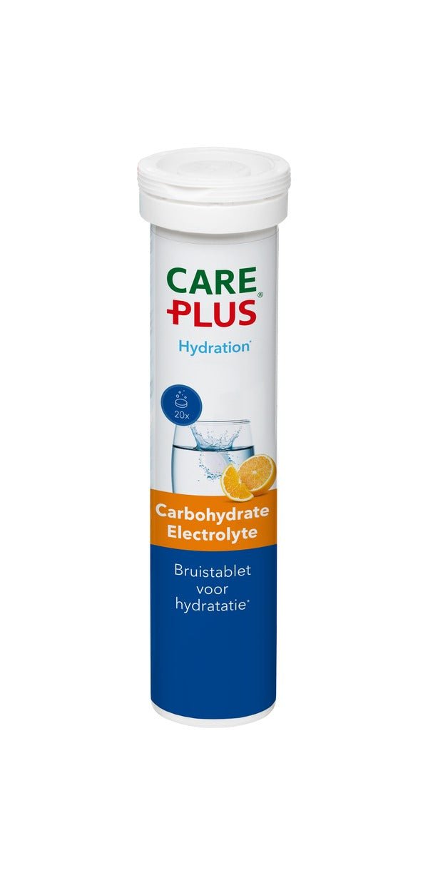 Care Plus comprimés électrolytes effervescents en tube avec bouchon blanc et une orange sur l'étiquette