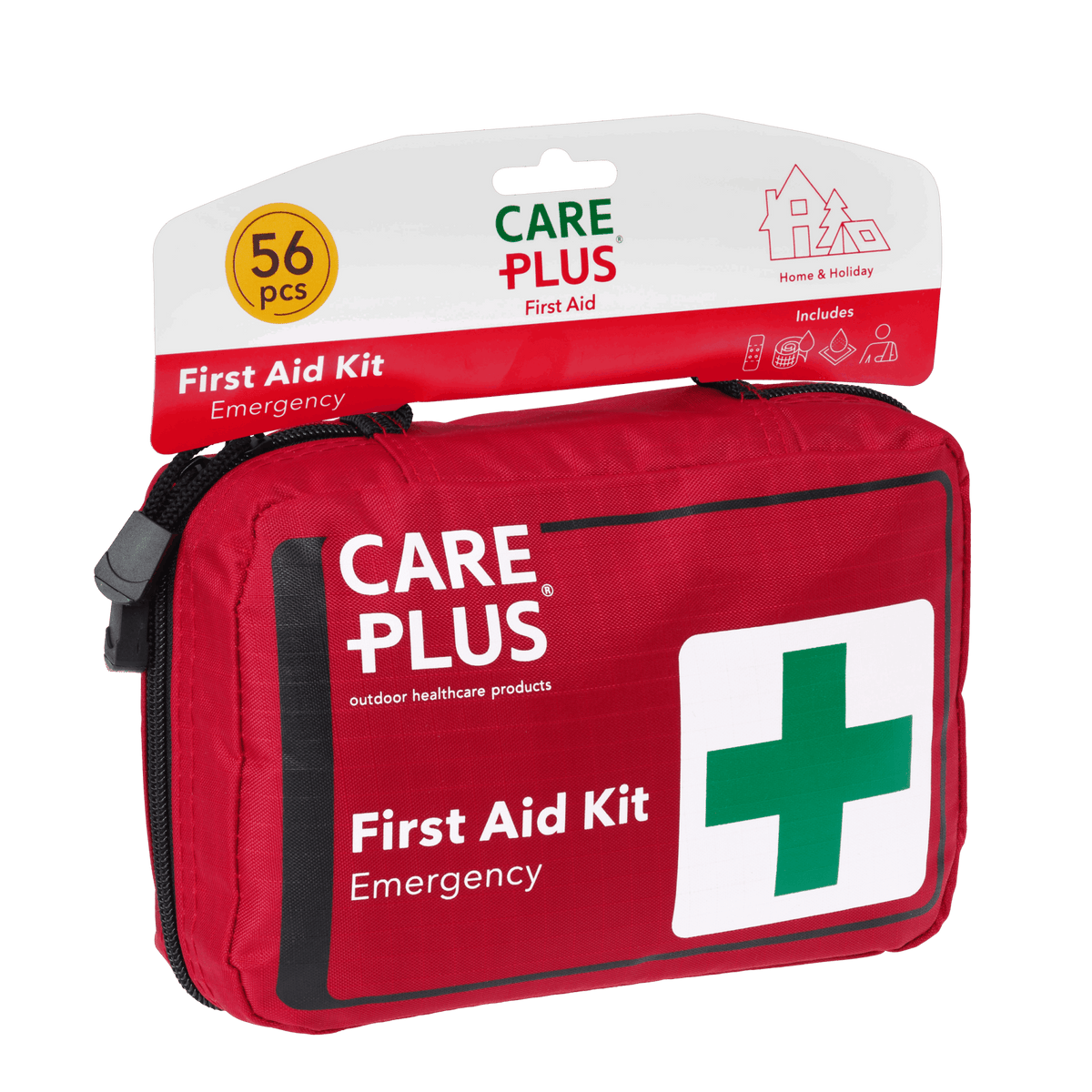Care Plus First Aid Kit Emergency, trousse de secours rouge à croix verte sur une carte avec 56 pièces