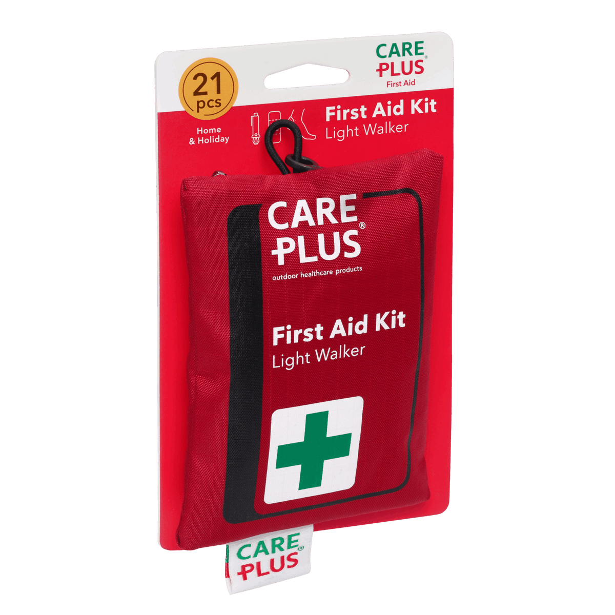 First Aid Kit Light Walker de Care Plus, trousse de secours rouge plate à croix verte, 21 pièces