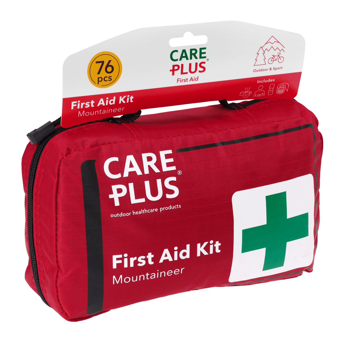 Care Plus First Aid Kit Mountaineer, trousse de secours rouge avec poignée et croix verte, 76 pièces