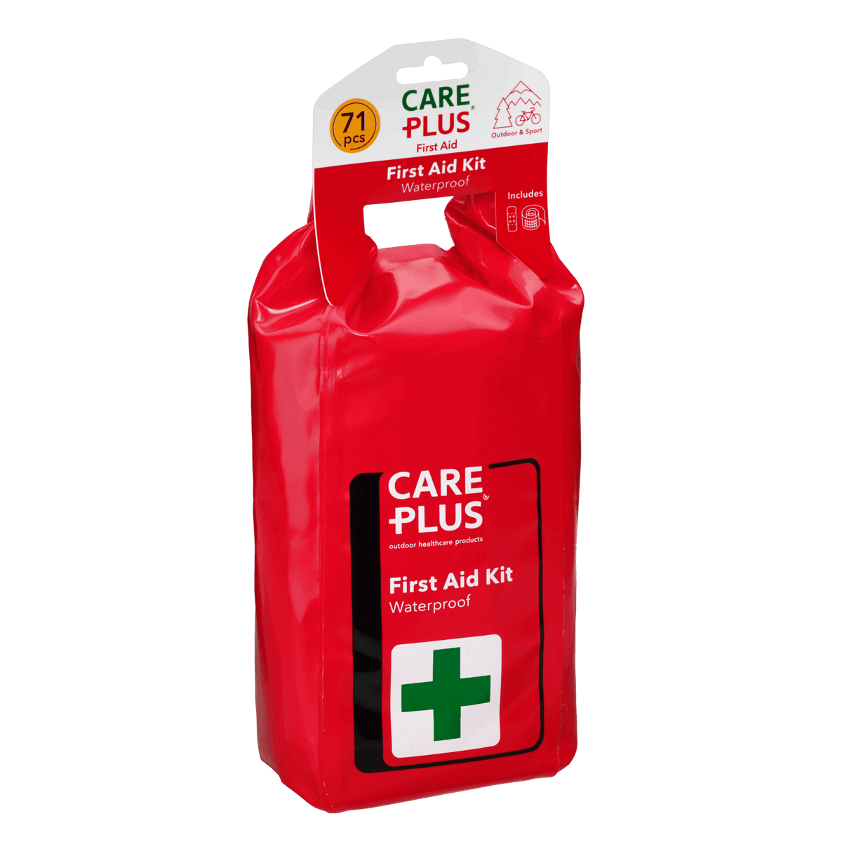Care Plus First Aid Kit Waterproof, sac rouge à fermeture enroulable et croix verte, 71 pièces