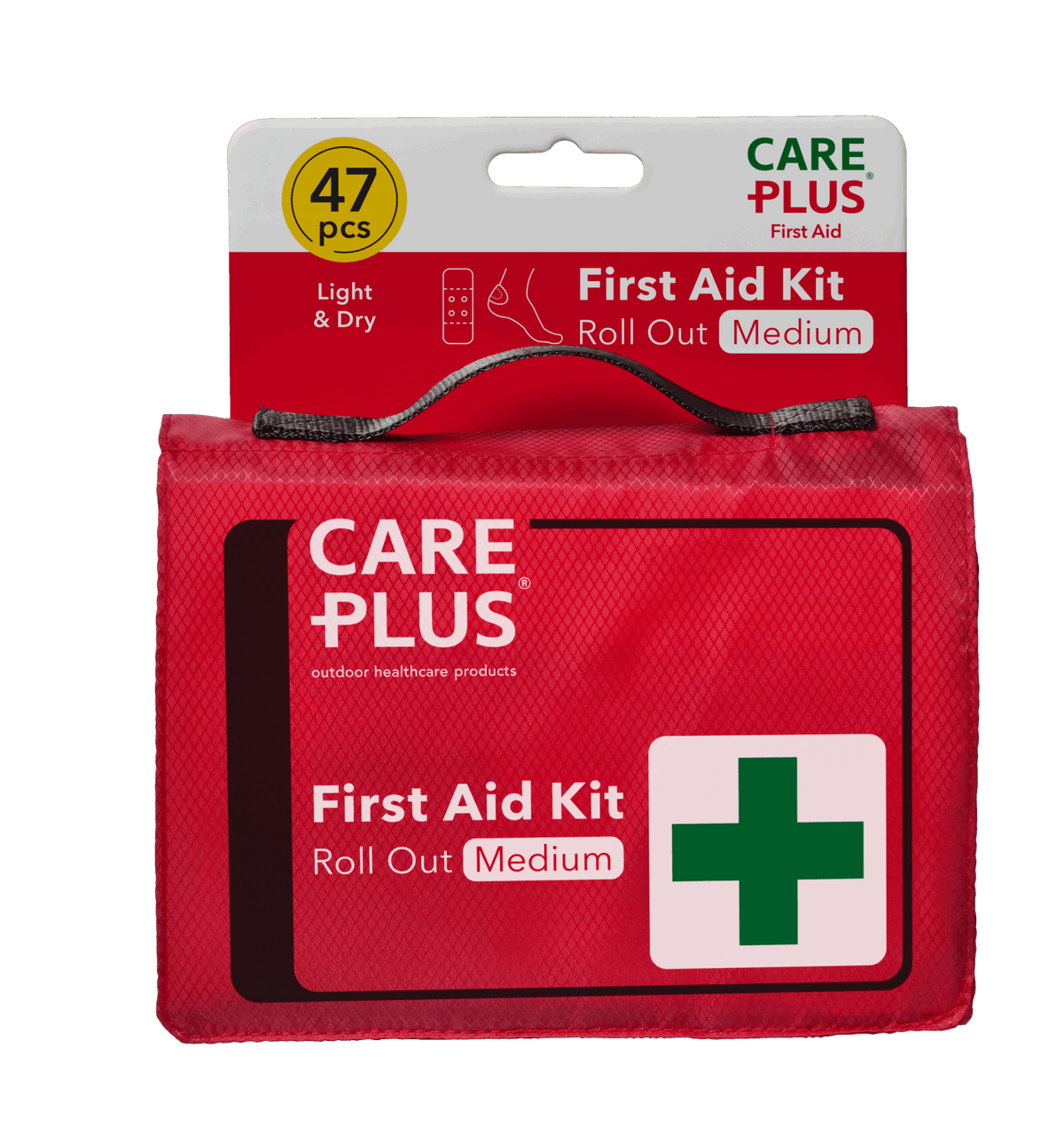 First Aid Roll Out Medium de Care Plus, trousse de secours rouge enroulable avec poignée et 47 pièces