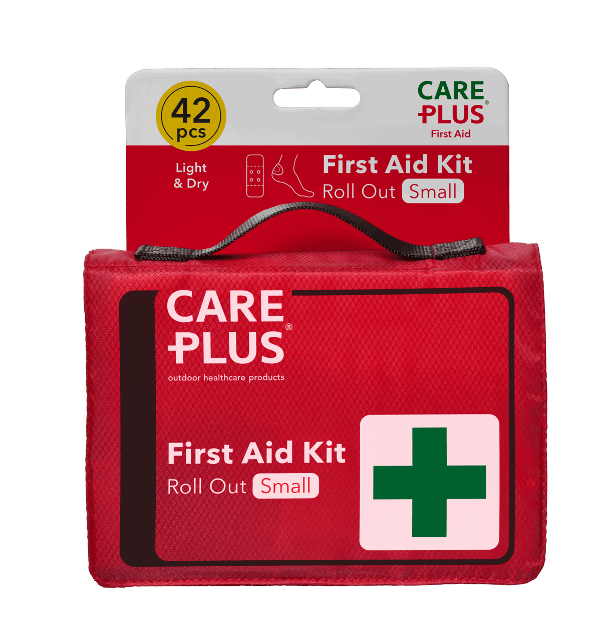 First Aid Roll Out Small de Care Plus, trousse de secours rouge enroulable avec poignée et 42 pièces