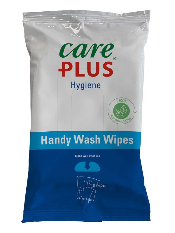 Care Plus Handy Wash Wipes en sachet blanc et bleu avec 10 gants de toilette humides