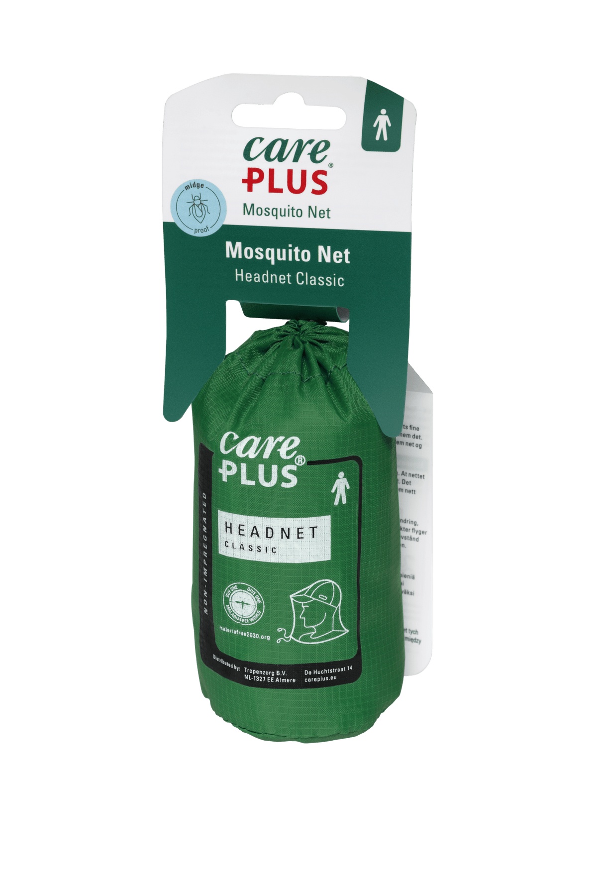 Care Plus HeadNet Classic filet de protection tête dans une pochette verte sur une carte suspendue