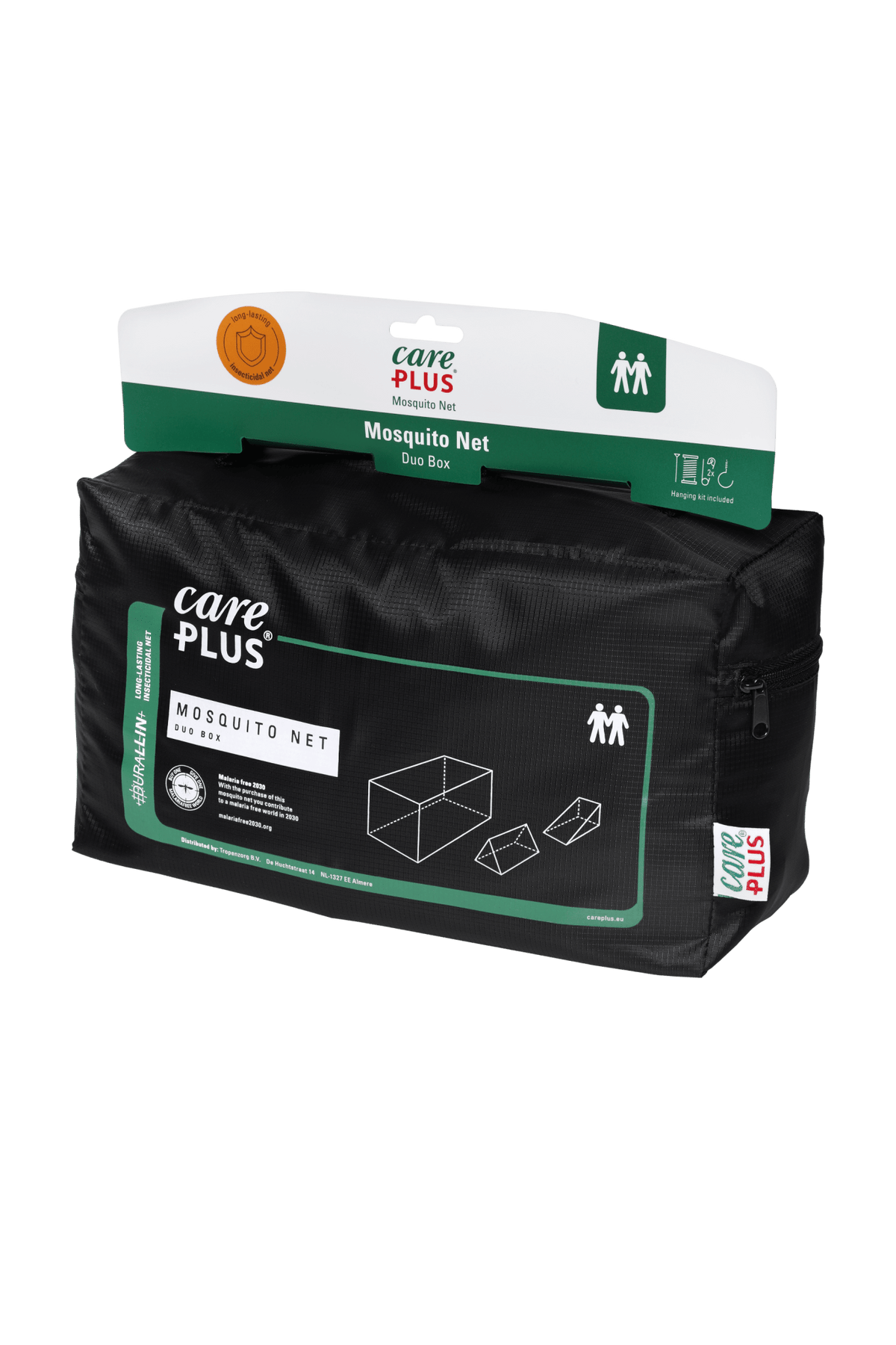 Care Plus Duo Box moustiquaire dans un sac de rangement noir avec carte suspendue et dessin du filet