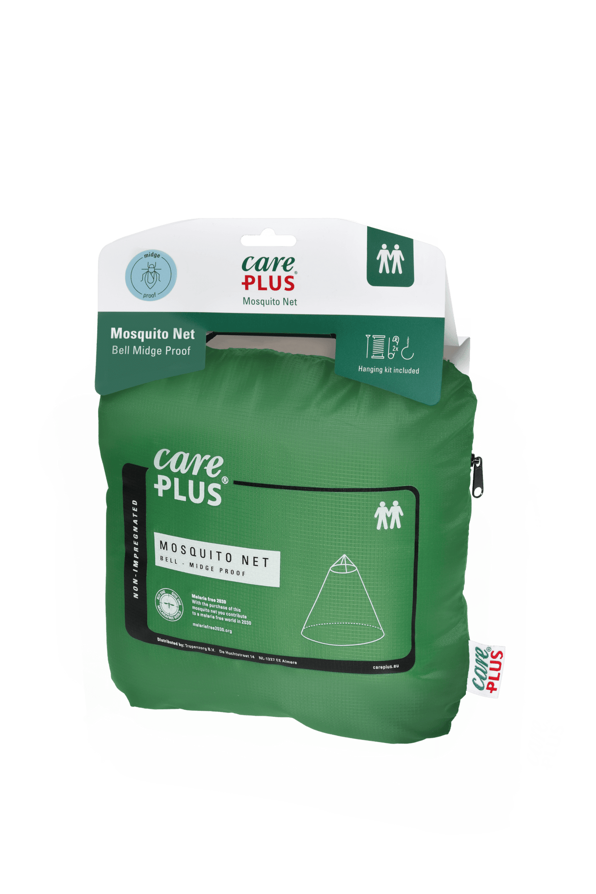 Care Plus Midge-Proof Bell moustiquaire pliée dans un sac de rangement vert avec carte suspendue