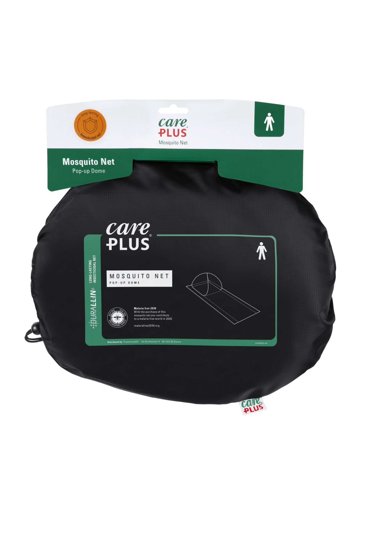 Care Plus Pop-Up Dome moustiquaire pliée dans un sac rond noir avec carte suspendue