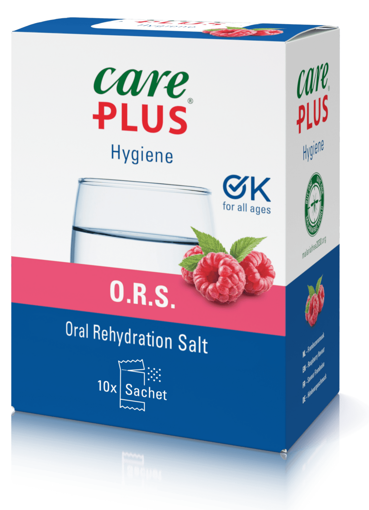 Care Plus ORS sels de réhydratation en boîte de 10 sachets avec des framboises sur l'emballage