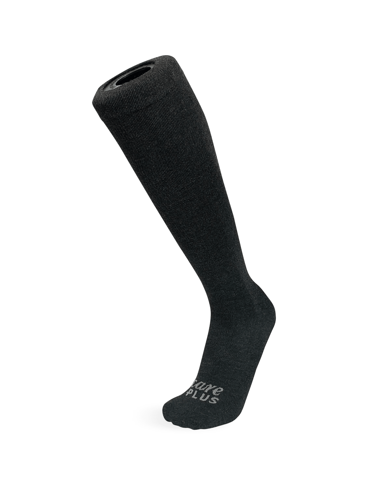Care Plus chaussettes de compression, chaussette montante noire de profil avec le logo sur la semelle