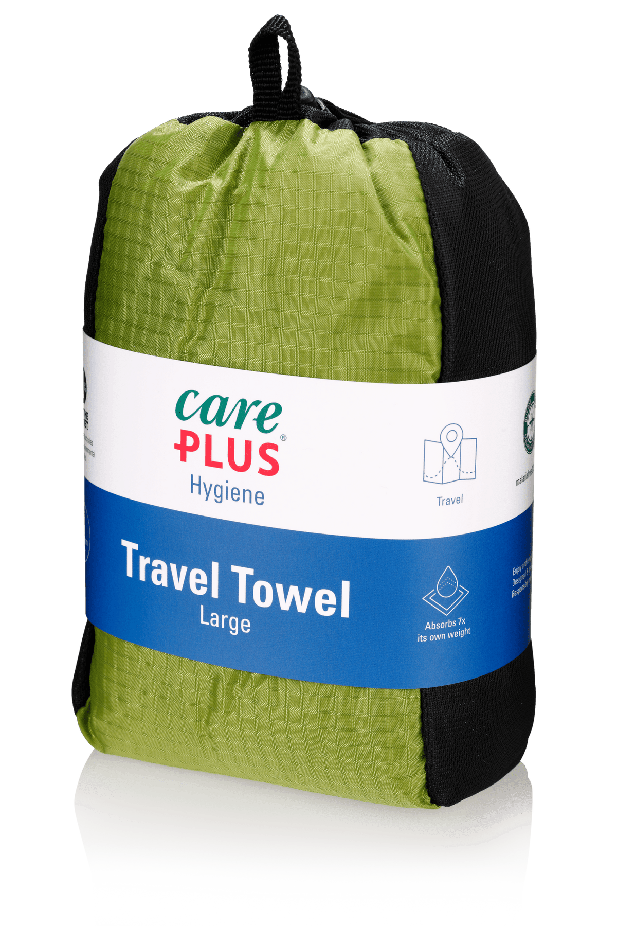 Care Plus Travel Towel serviette de voyage taille large en vert, pliée dans une pochette avec boucle