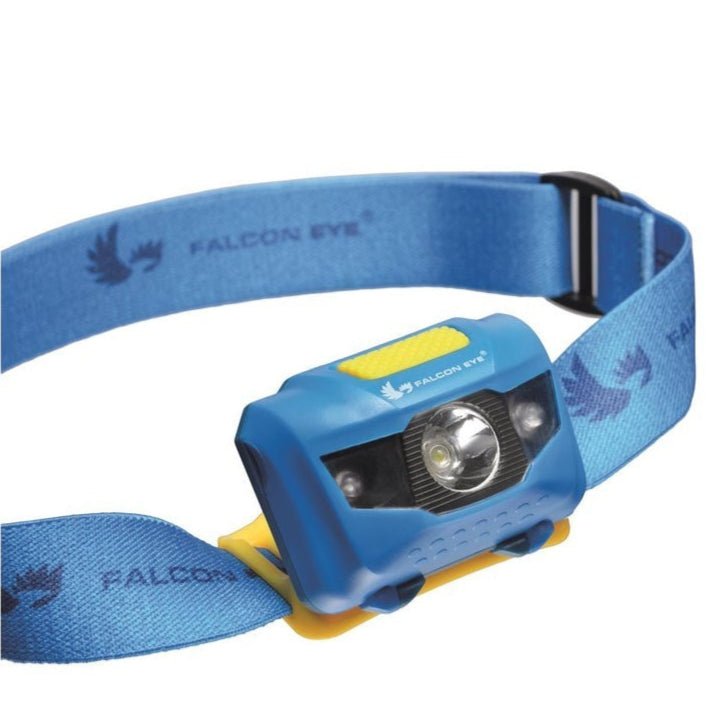 Falcon Eye FHL0011 vue de face avec la lentille, bandeau bleu avec le logo Falcon Eye