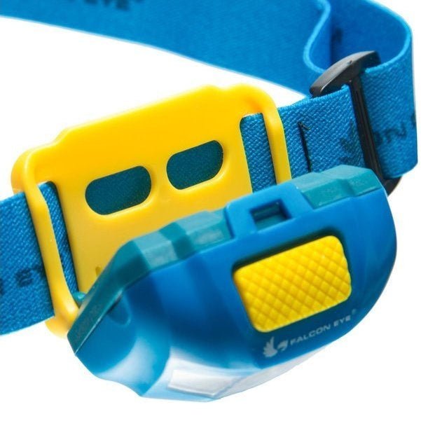 Falcon Eye FHL0011 détail du bouton-poussoir jaune sur le dessus et du support jaune derrière la lampe
