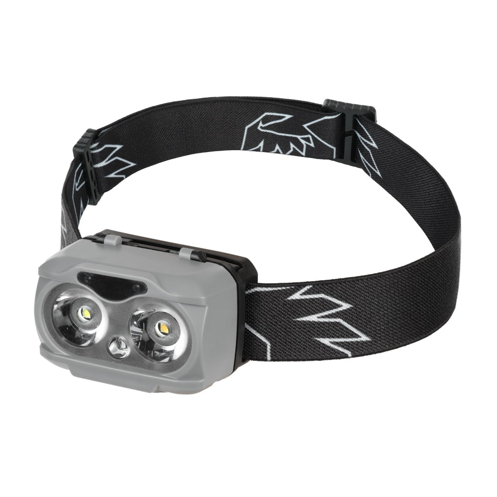 Falcon Eye Quest lampe frontale grise à deux lampes avec bandeau noir à motif blanc