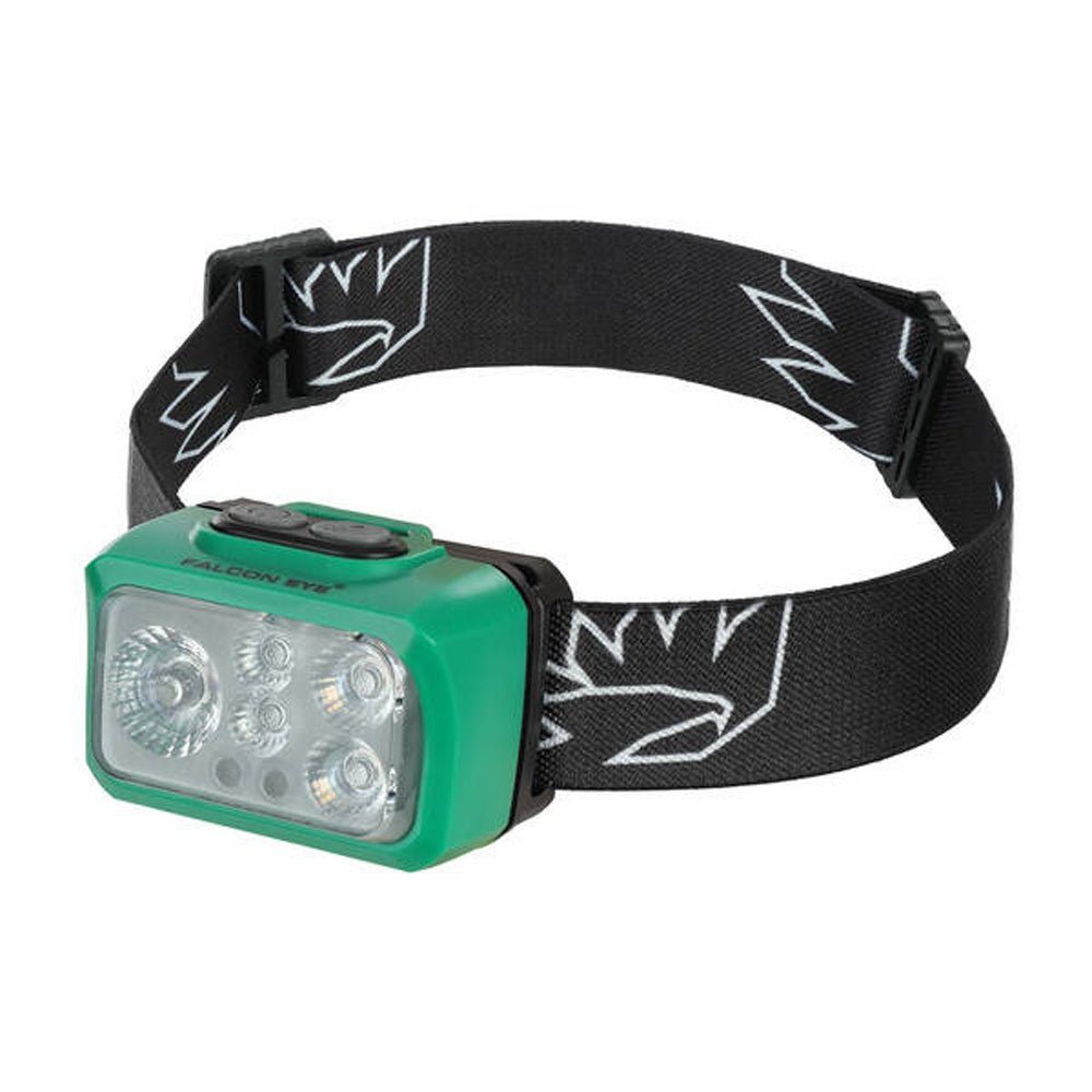 Falcon Eye Trek lampe frontale verte avec plusieurs LED et bandeau noir à motif blanc