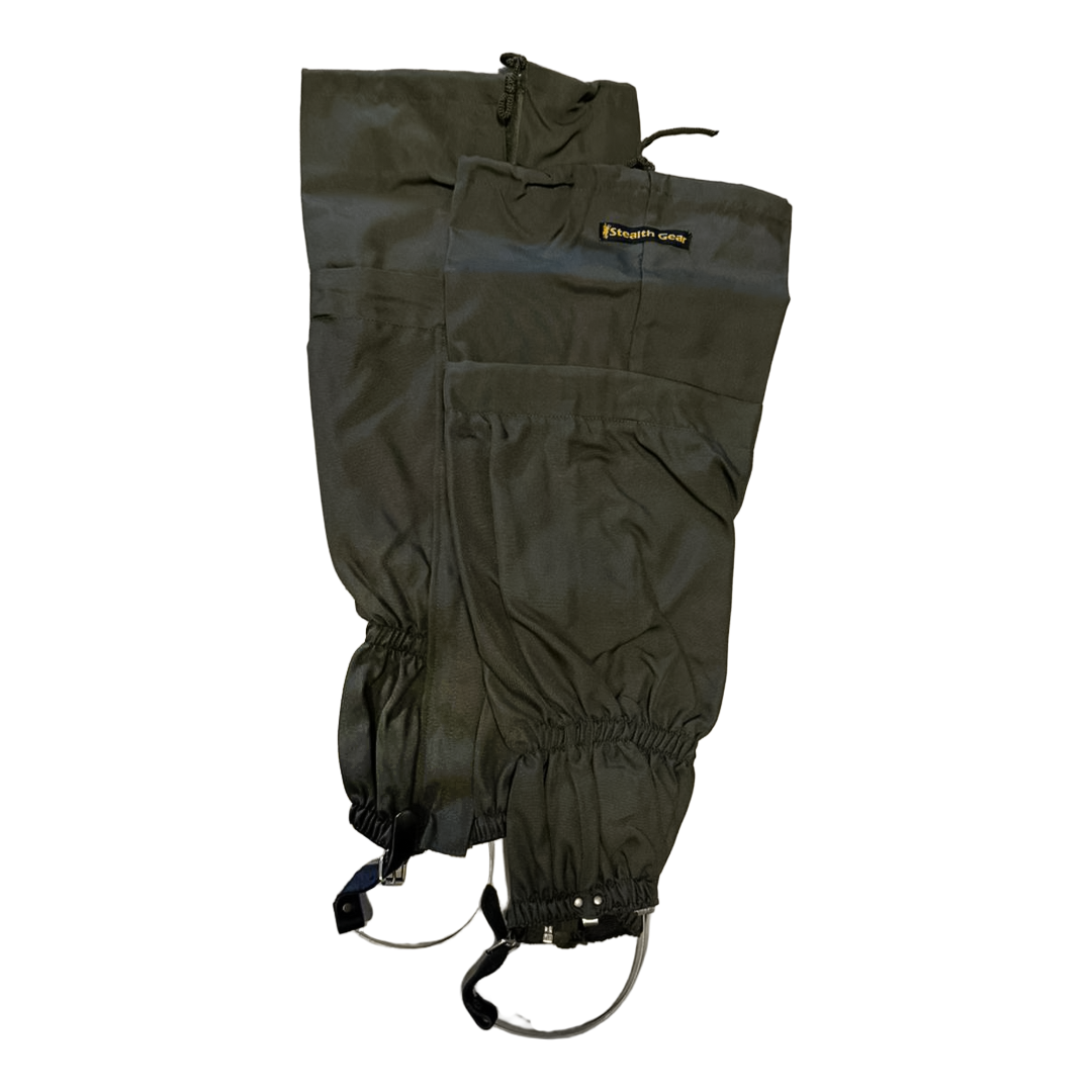 guêtres Stealth Gear vert foncé avec élastique et étriers métalliques