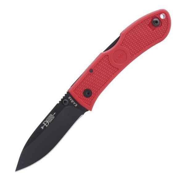 Couteau pliant Ka-Bar Dozier avec manche rouge et lame noire, ouvert