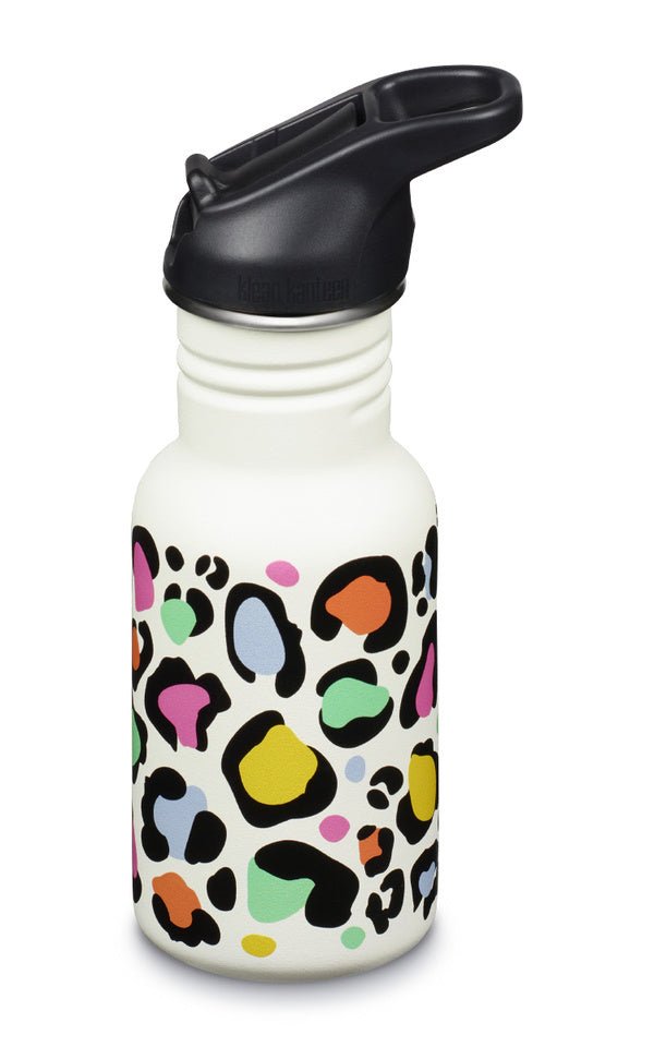 Gourde Klean Kanteen Kid Classic blanche à taches de léopard colorées et bouchon sport noir