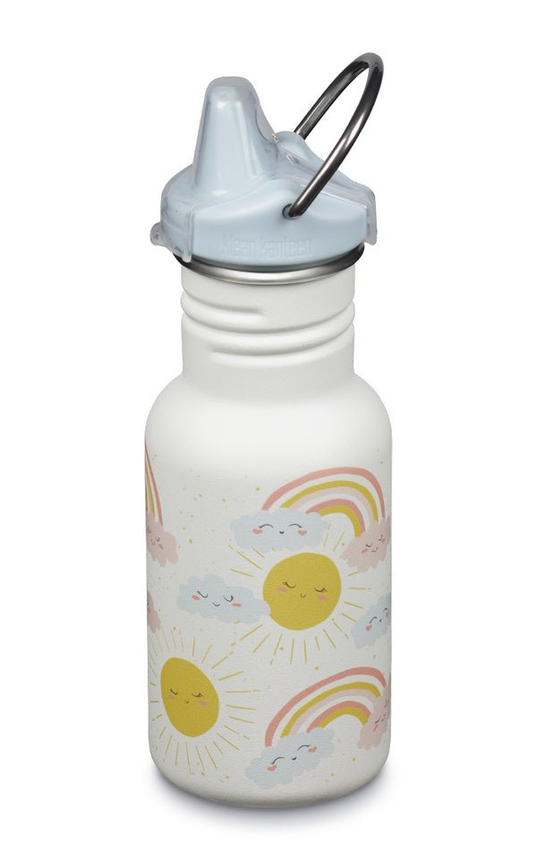 Klean Kanteen Kid Kanteen blanche avec soleils et arcs-en-ciel, bouchon à bec bleu clair