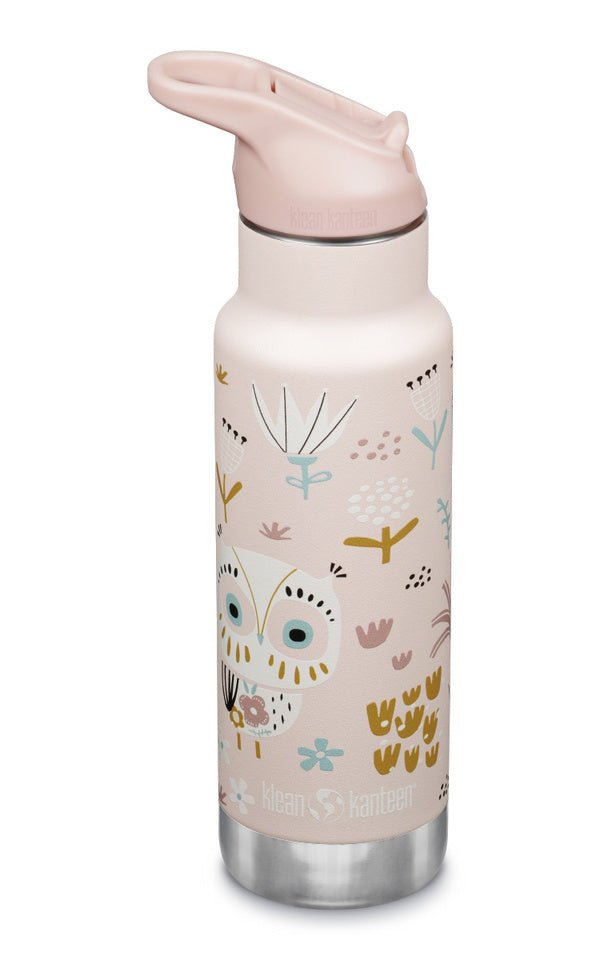 Gourde isotherme Klean Kanteen Kid Kanteen rose clair avec hibou et fleurs